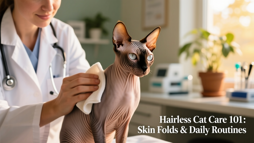 Close-up of a veterinarian gently examining a hairless cat's skin fold during a wellness check, using a soft cloth and gentle lighting