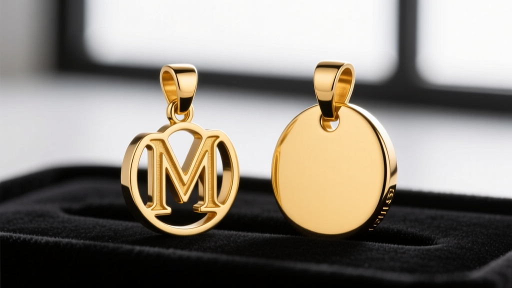 Macro comparison of a hollow die-stamped gold M pendant and a solid cast gold M pendant showing thickness and bail details.