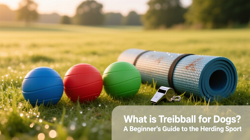A variety of properly sized, durable treibball balls arranged neatly on grass—blue, red, and green—next to a training mat and handler’s whistle