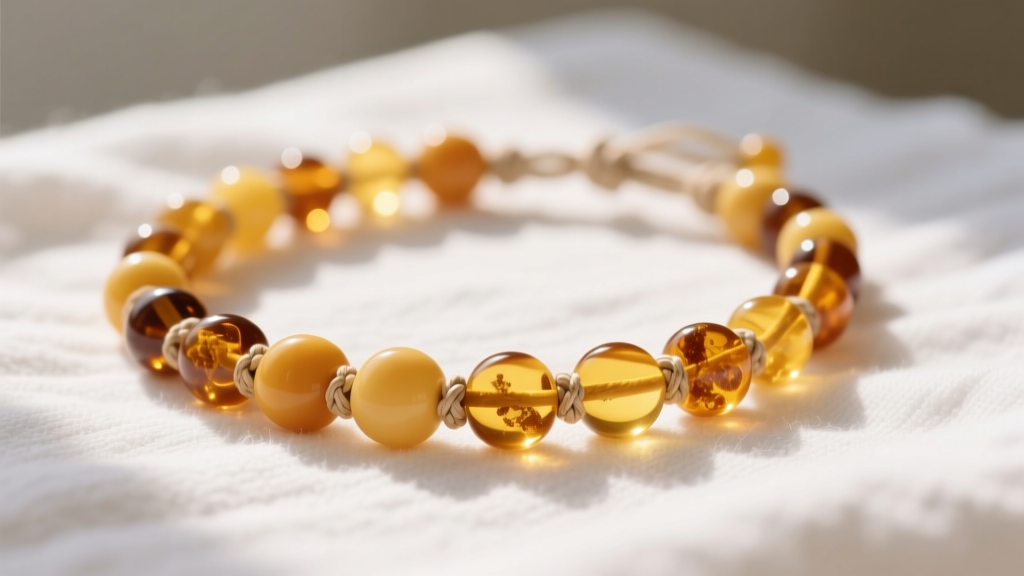 Baltic amber baby teething necklace on a white blanket, highlighting safety knots between rounded beads in bright natural daylight