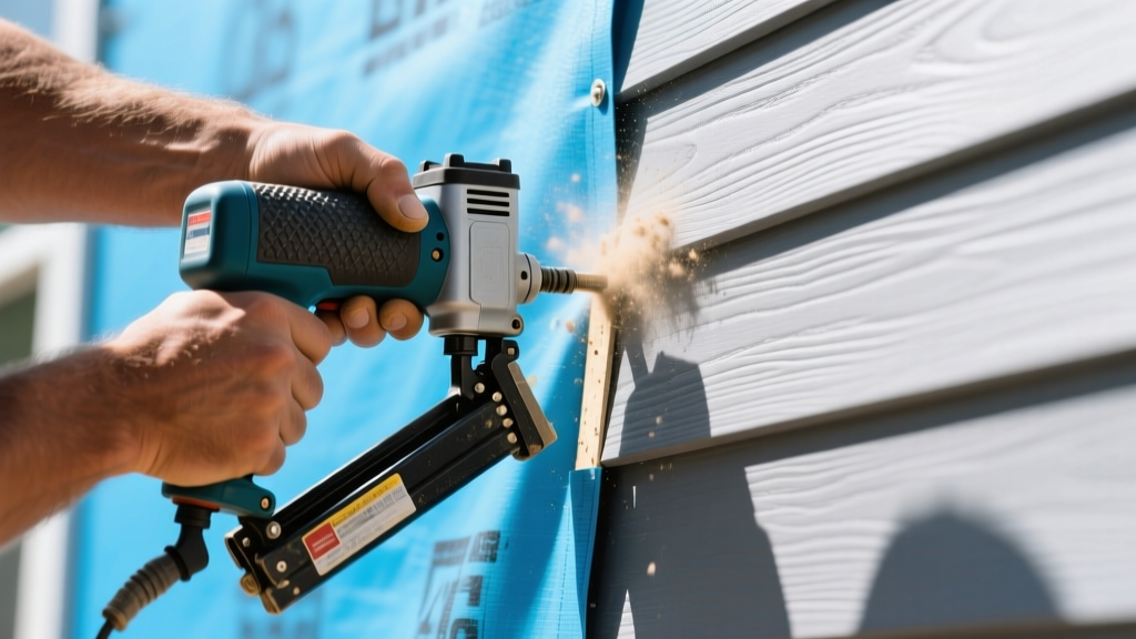 Contractor hands using a pneumatic nailer to blind-nail gray fiber cement lap siding over a blue weather-resistive barrier