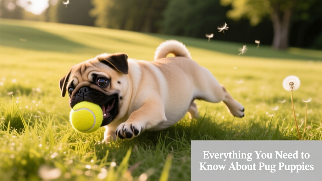 A playful Pug puppy mid-tumble, holding a tennis ball in its mouth on a sunlit grassy lawn