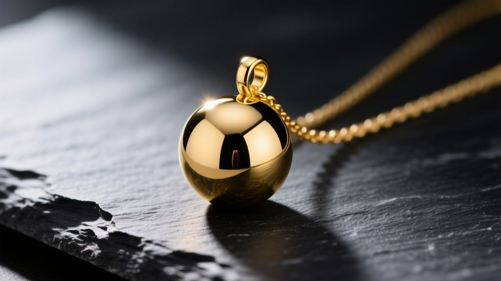 Close-up of a polished 14k yellow gold ball pendant necklace on dark slate, highlighting the sphere's flawless mirror reflection.
