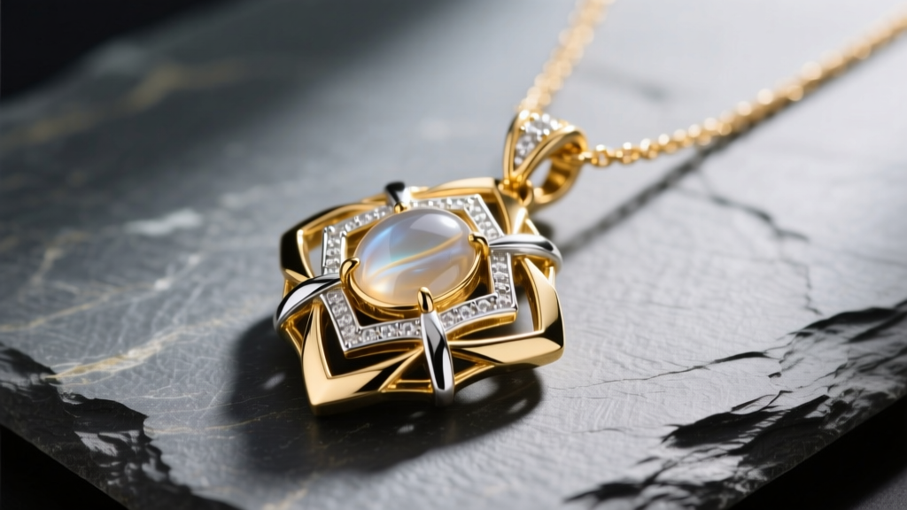 Macro shot of the Heaven Mayhem Julia necklace pendant on slate, showing its sculptural 18k gold vermeil finish and silver.