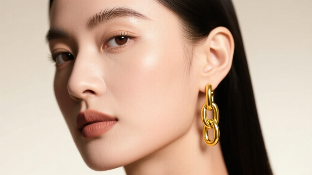 Close-up of a woman wearing 14k yellow gold tubular link earrings, soft studio lighting highlighting reflections on her jawline