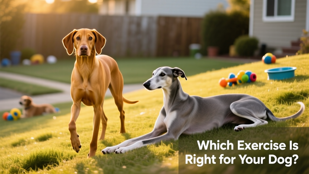 A Vizsla and a Greyhound side by side — one alert and energetic, the other relaxed and calm — illustrating how breed influences exercise needs
