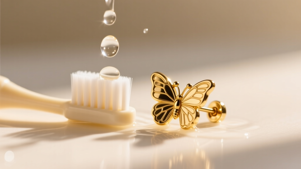 Soft baby toothbrush cleaning the butterfly clutch of a gold stud earring under warm water, detailed macro jewelry photography.
