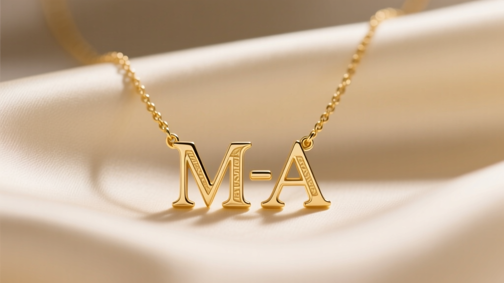 Close-up of a 14k gold 2 initial necklace with serif letters M and A on cream silk, lit by warm, soft directional studio lighting