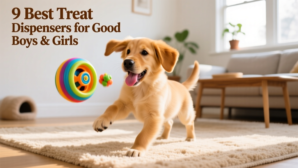 A curious puppy batting a colorful treat-dispensing tumbler toy across a rug, tongue out and ears perked