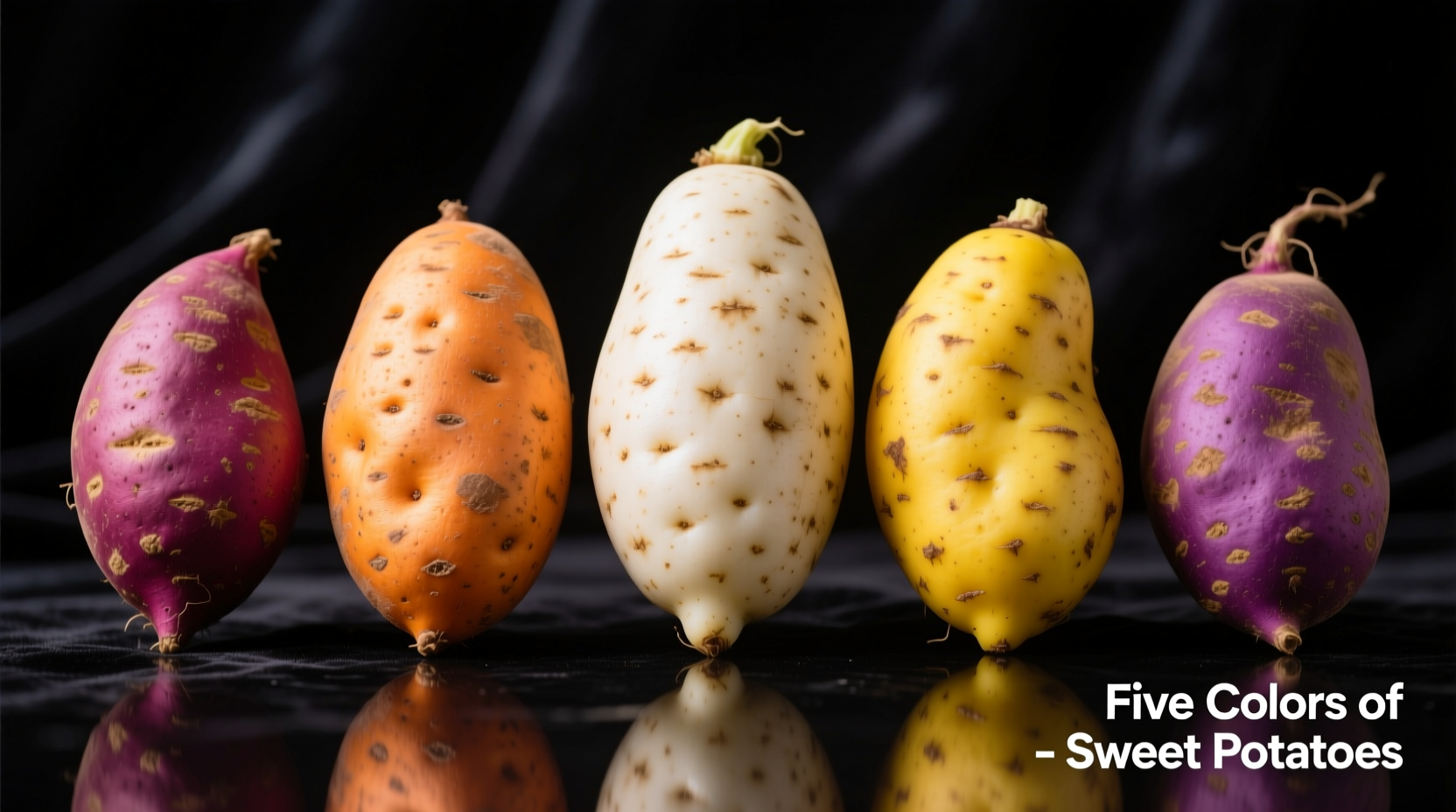 Close-up of five different sweet potato varieties arranged by color