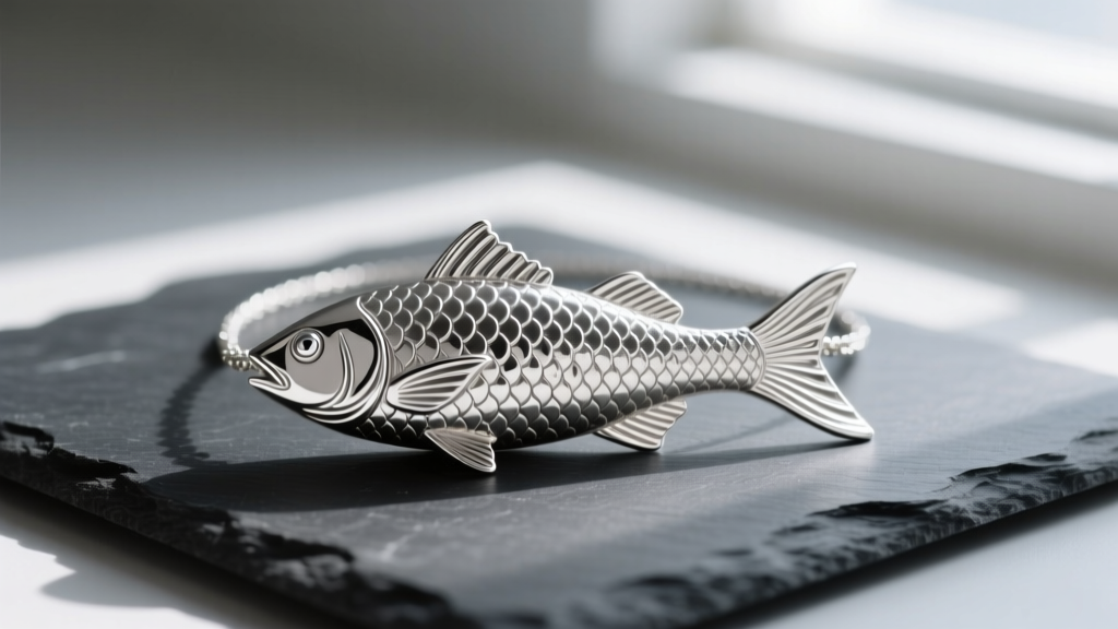 Detailed sterling silver fish necklace resting on dark slate, catching soft natural window light to highlight its textured scales