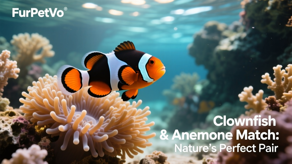 Clark's clownfish swimming confidently around a vibrant carpet anemone in a well-maintained FurPetVo aquarium setup