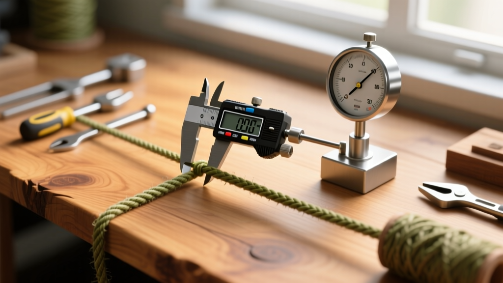 Tools testing tensile strength of 2mm hemp cord, with digital calipers and a metal tension gauge visible on wooden desk from above