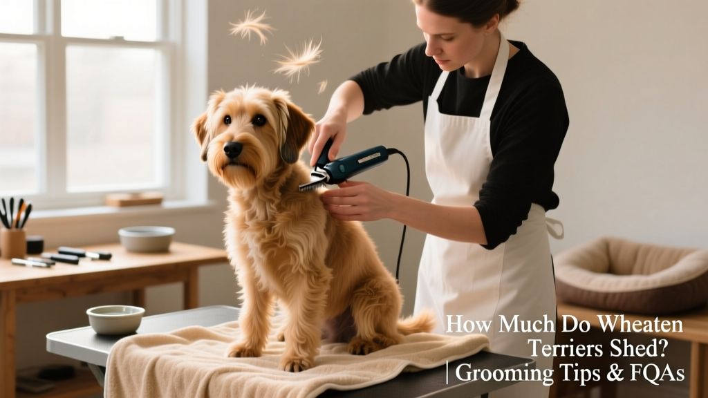 A well-groomed adult Wheaten Terrier sitting calmly while a groomer trims its coat with clippers