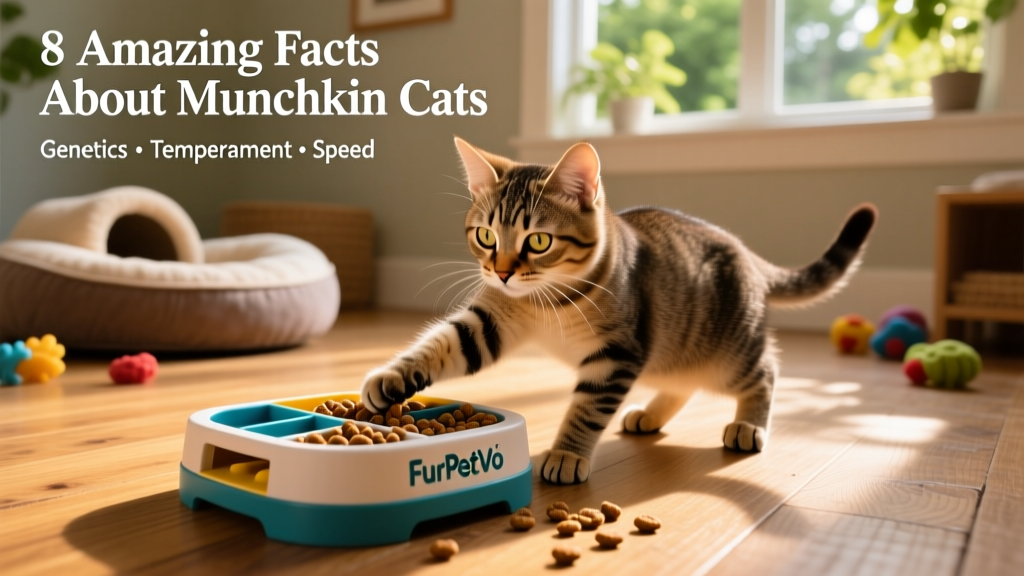 A Munchkin cat interacting playfully with a FurPetVo-designed puzzle toy filled with kibble, showing focus and dexterity