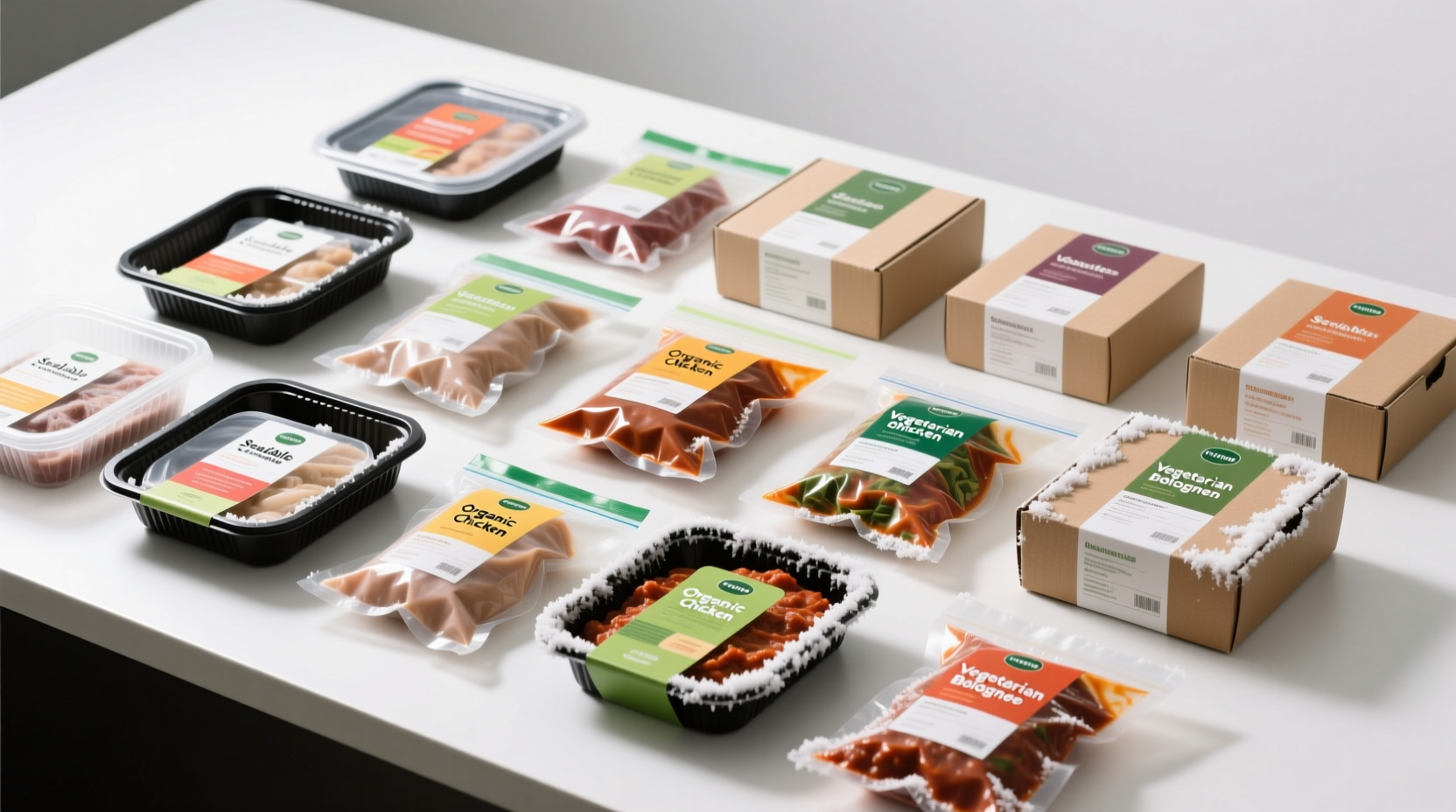 Proper frozen food packaging materials laid out