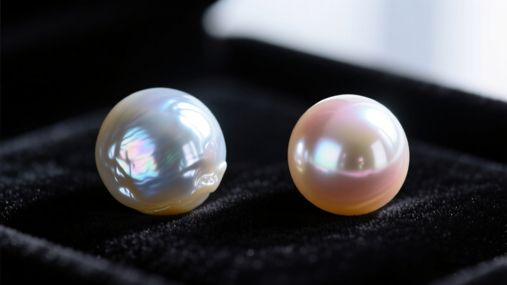 Macro view of an Edison freshwater pearl beside an Akoya pearl on black velvet, showing distinct nacre luster and surface details.