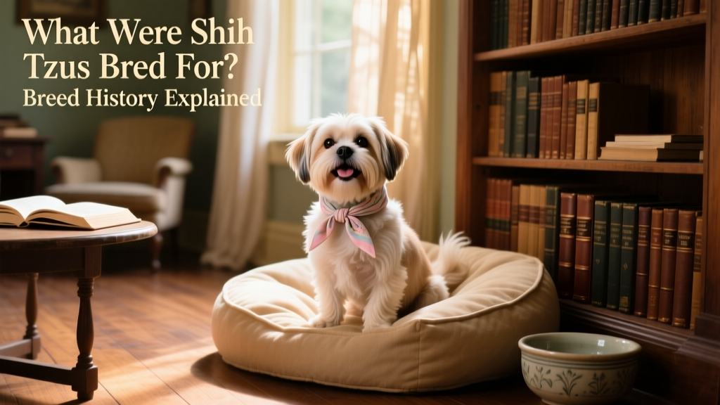 A happy Shih Tzu wearing a soft bandana, sitting beside a cozy reading nook with a plush dog bed and water bowl