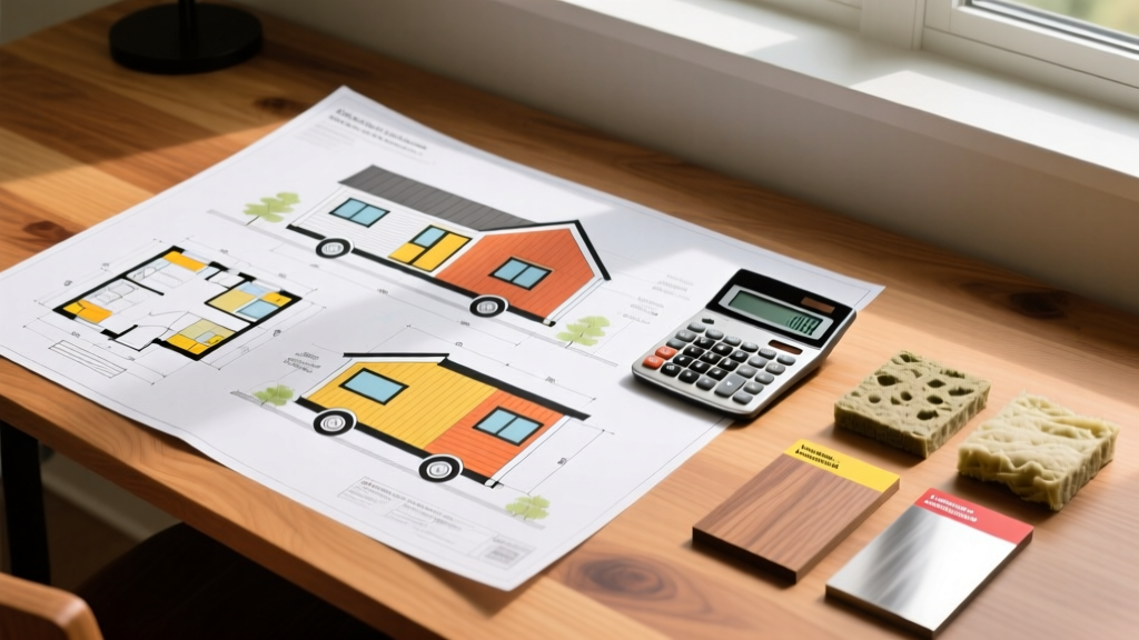 Architectural blueprints for a 200-square-foot tiny house on wheels spread over a wooden desk alongside a calculator and material samples