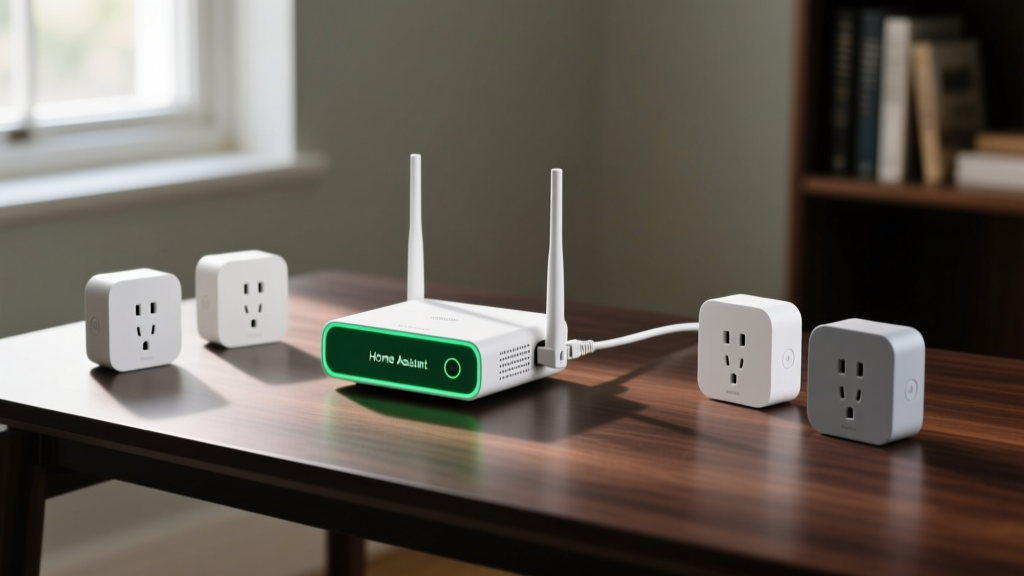 Home Assistant Green hub connected to a Thread border router, surrounded by Matter-compatible smart plugs on a dark wooden desk.