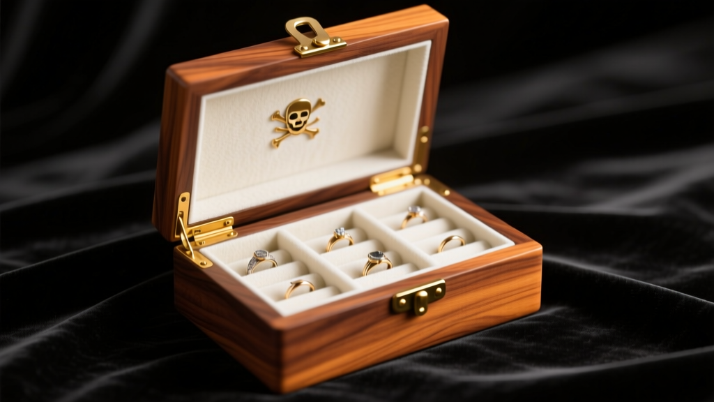 Solid walnut pirate chest jewelry box with brass hinges open on dark velvet, showing anti-tarnish flannel lining and ring rolls.