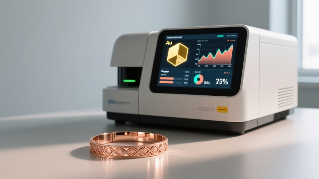 Desktop X-ray fluorescence spectrometer analyzing a rose gold bracelet, showing elemental composition data on a digital display.