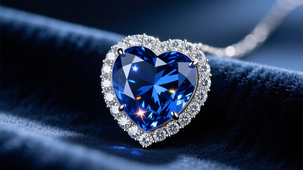 Close-up of a 15-carat heart-shaped blue sapphire pendant surrounded by brilliant-cut diamonds, resting on dark navy velvet.