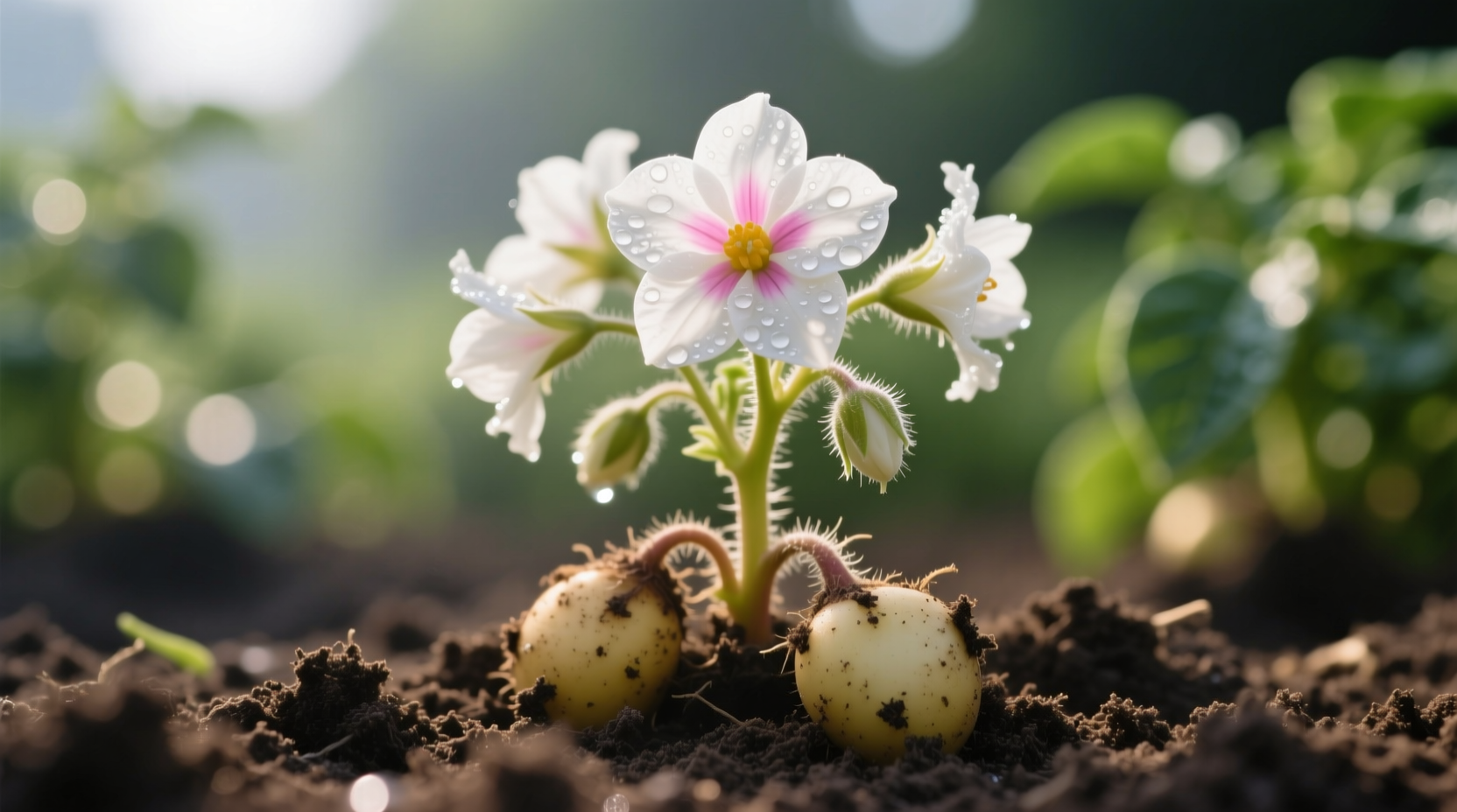 Close-up of potato plant showing flowers and developing tubers