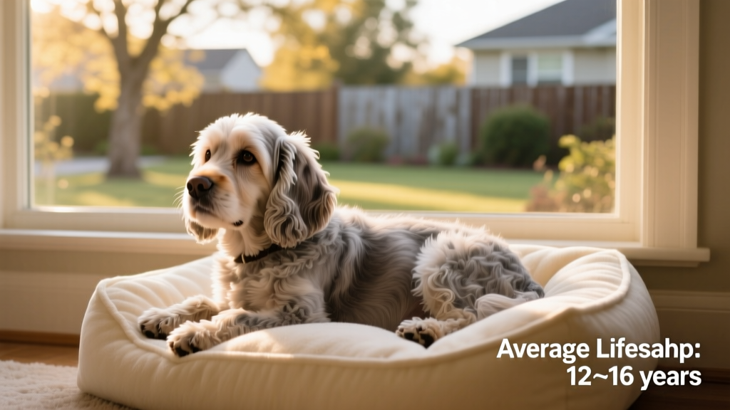 Senior cockapoo resting comfortably on a soft dog bed beside a window, looking relaxed and content
