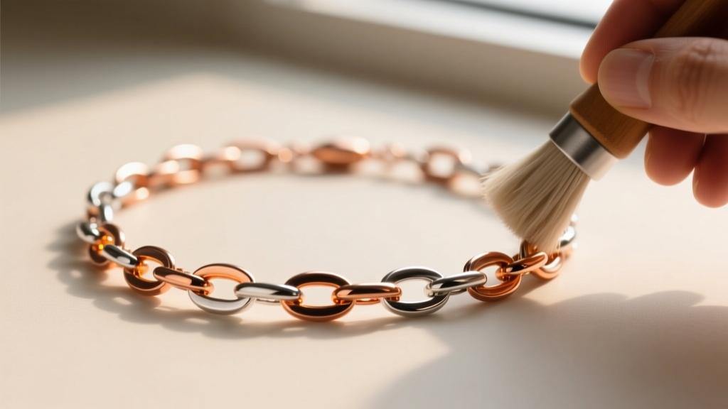 A copper and sterling silver mixed-metal necklace chain being gently polished on a jeweler's workbench with a microfiber cloth.