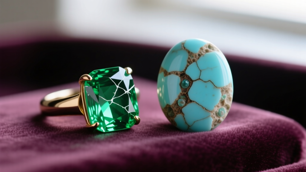 Macro photography of a fractured emerald ring and porous turquoise cabochon resting on soft velvet to illustrate fragile gemstones