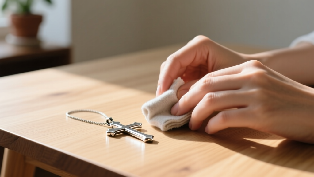 Hands using a microfiber cloth to gently buff a tarnished sterling silver horizontal cross pendant resting on a light oak table