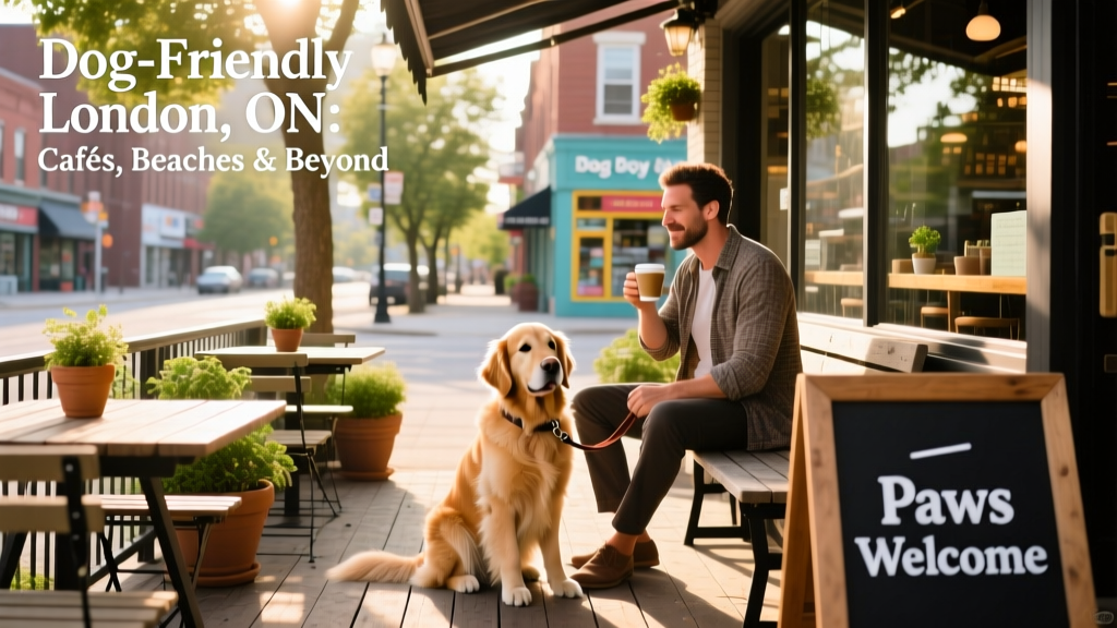 Person sitting outside a dog-friendly restaurant with their leashed dog on the patio