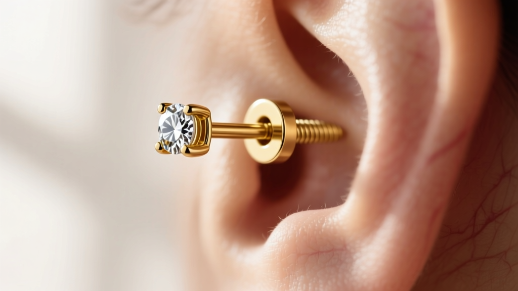 Side profile of an 18-gauge gold post with a secure screw-back mechanism supporting a heavy diamond stud on a pierced ear lobe