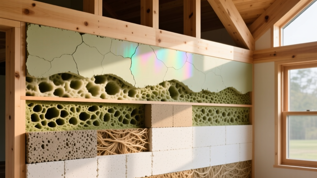 Cross-section of a sustainable wall showing hempcrete blocks, mycelium insulation, and lime plaster in a timber-framed home