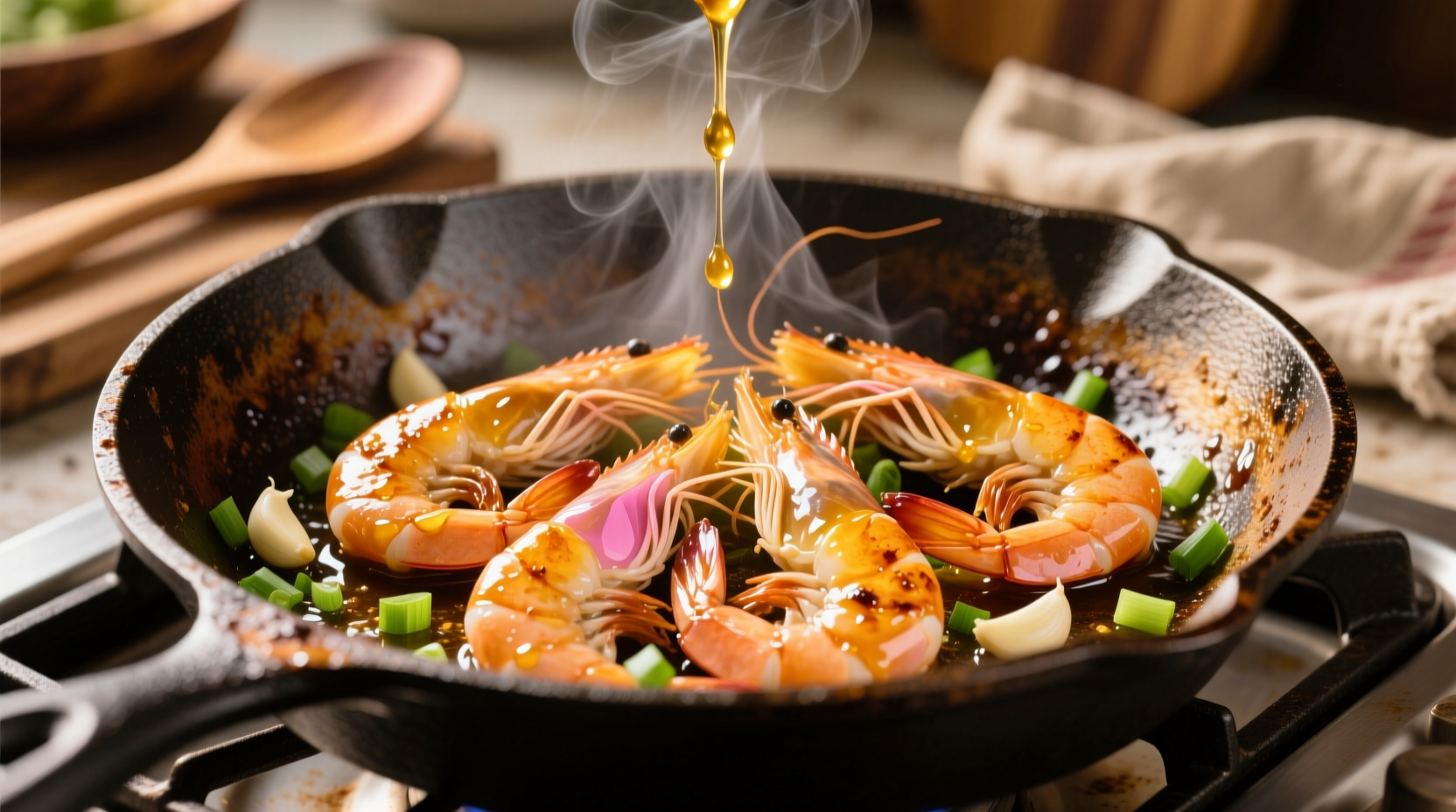 Golden garlic honey shrimp sizzling in cast iron skillet