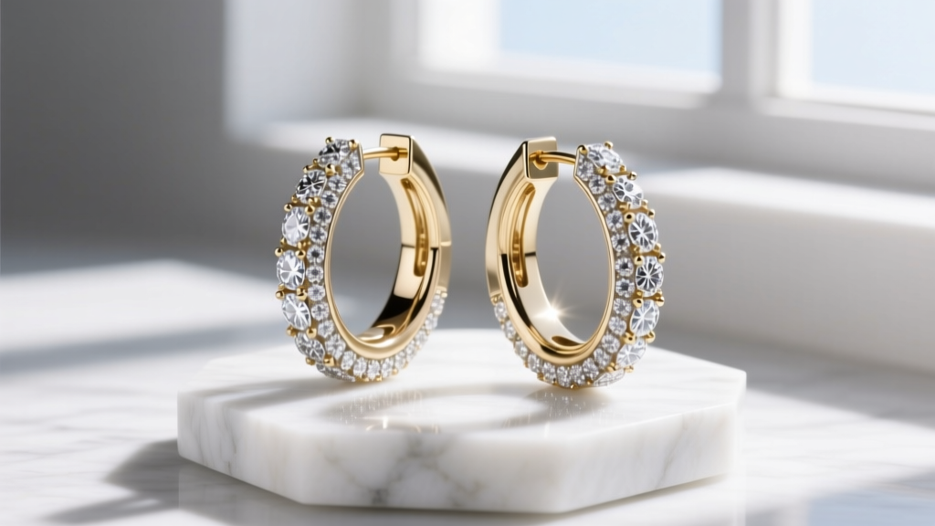 18k white gold diamond-encrusted Roberto Coin Appassionata hoop earrings displayed on a marble stand in bright natural daylight