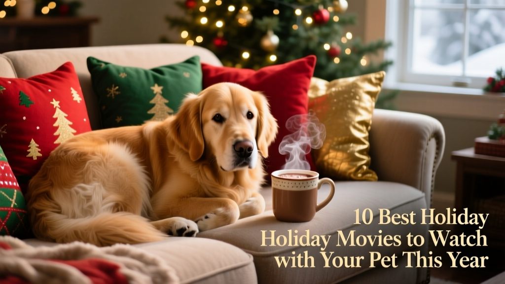 A golden retriever curled up on a festive sofa beside a steaming mug and holiday-themed throw pillows