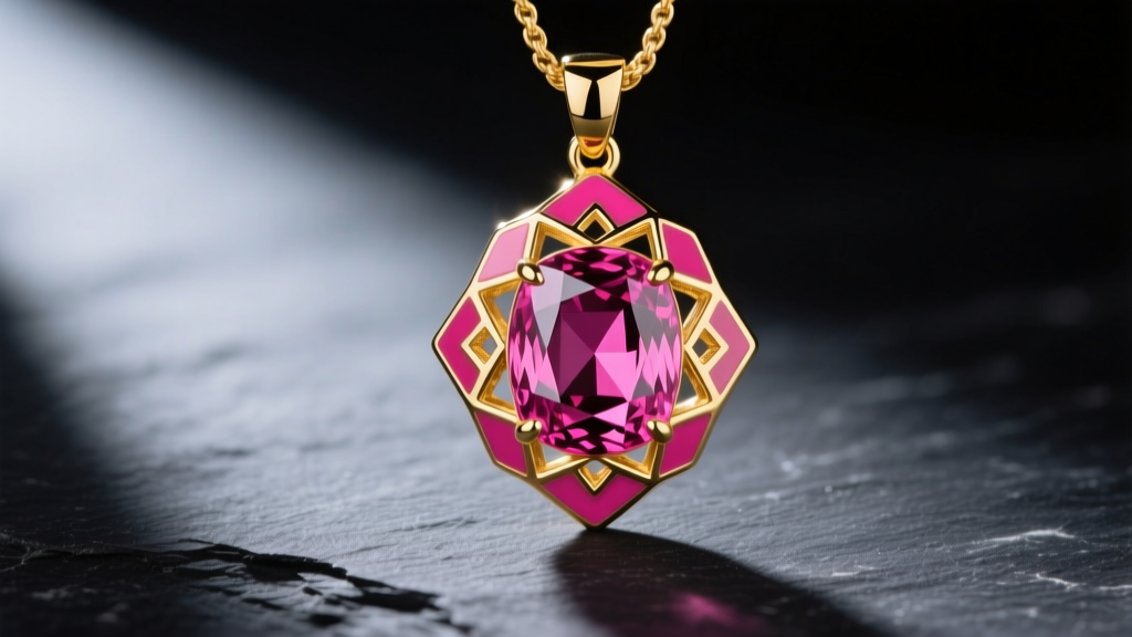 Macro shot of a vibrant hot pink vitreous enamel pendant in 18k yellow gold on dark slate under dramatic studio lighting