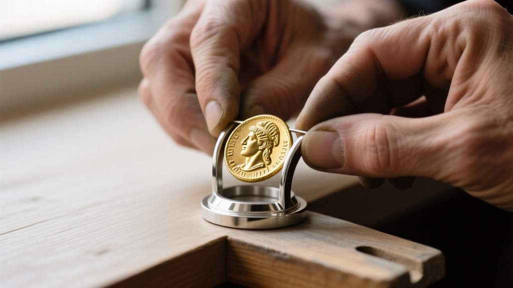 A jewelry workbench showing a gold Greek stater coin being carefully fitted into a custom soldered bezel mount by artisan hands.