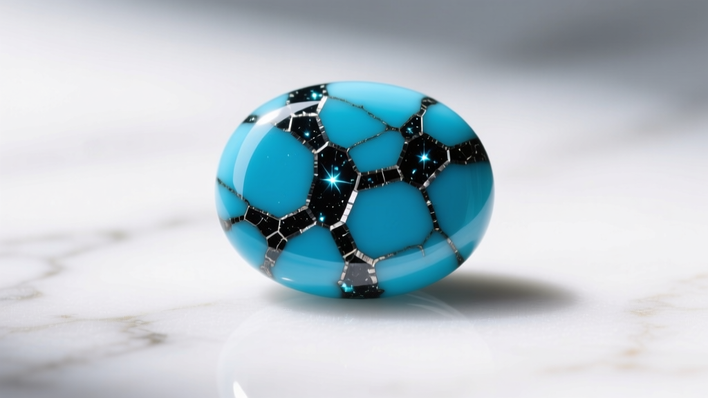 Macro photo of a polished Kingman turquoise cabochon showing intricate black pyrite matrix webbing on a white marble background.