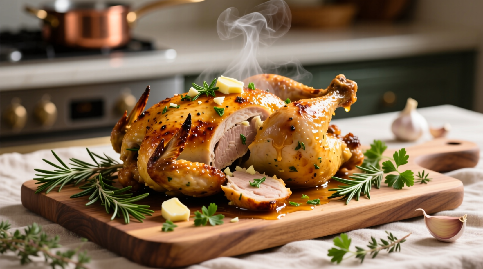 Golden roasted garlic herb chicken with fresh herbs