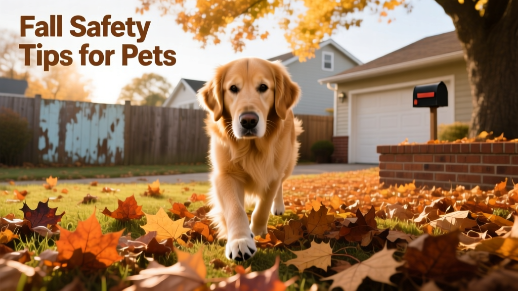 A golden retriever walking cautiously through fallen autumn leaves in a suburban backyard