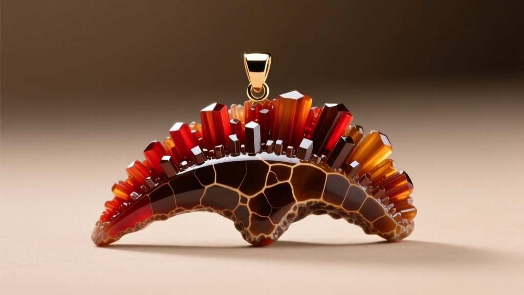 Macro photo of an agatized dinosaur bone pendant showing vibrant red and brown crystalline cell structures polished to a high gloss.