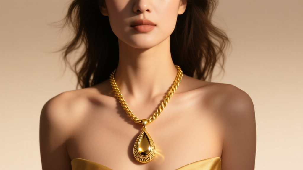 Woman wearing a 30-inch 14k gold rope chain with a heavy teardrop pendant, photographed in warm cinematic studio lighting