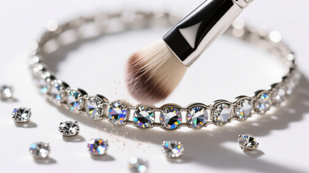 Soft makeup brush dusting pavé rhinestones on a vintage Weiss silver-tone choker, showing meticulous dry cleaning process up close