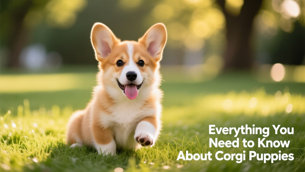 A playful, fluffy Corgi puppy sitting on grass with ears perked up and tongue out