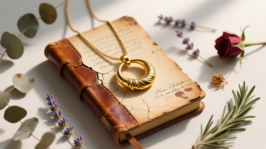 Overhead flat lay of an Italian gold horn pendant on a rope chain, resting on a vintage leather journal next to dried botanicals.