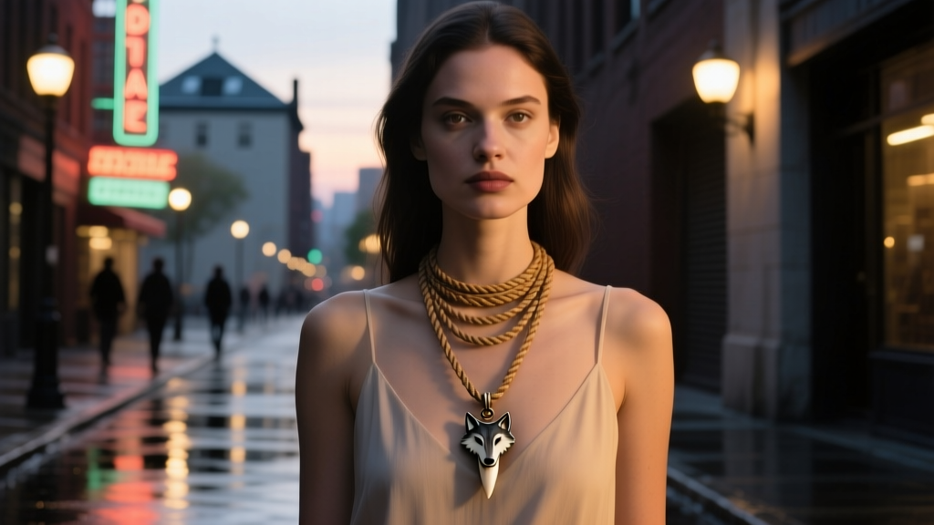 Model wearing a layered necklace stack featuring a 45mm wolf tooth pendant on a rope chain, urban evening background.