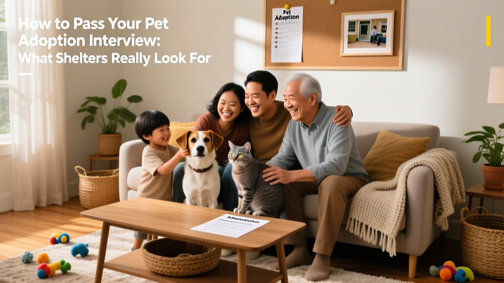 A joyful, diverse family sitting together with their newly adopted dog and cat in a cozy, pet-friendly living room